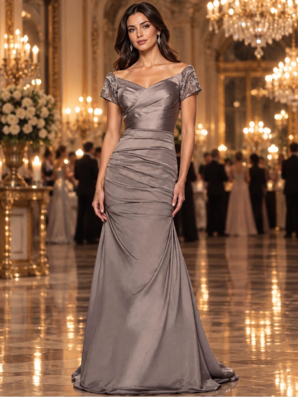 LA FEMME Silver Satin Jewel Embellished Gown Off-shoulders Train 12 MSRP $500